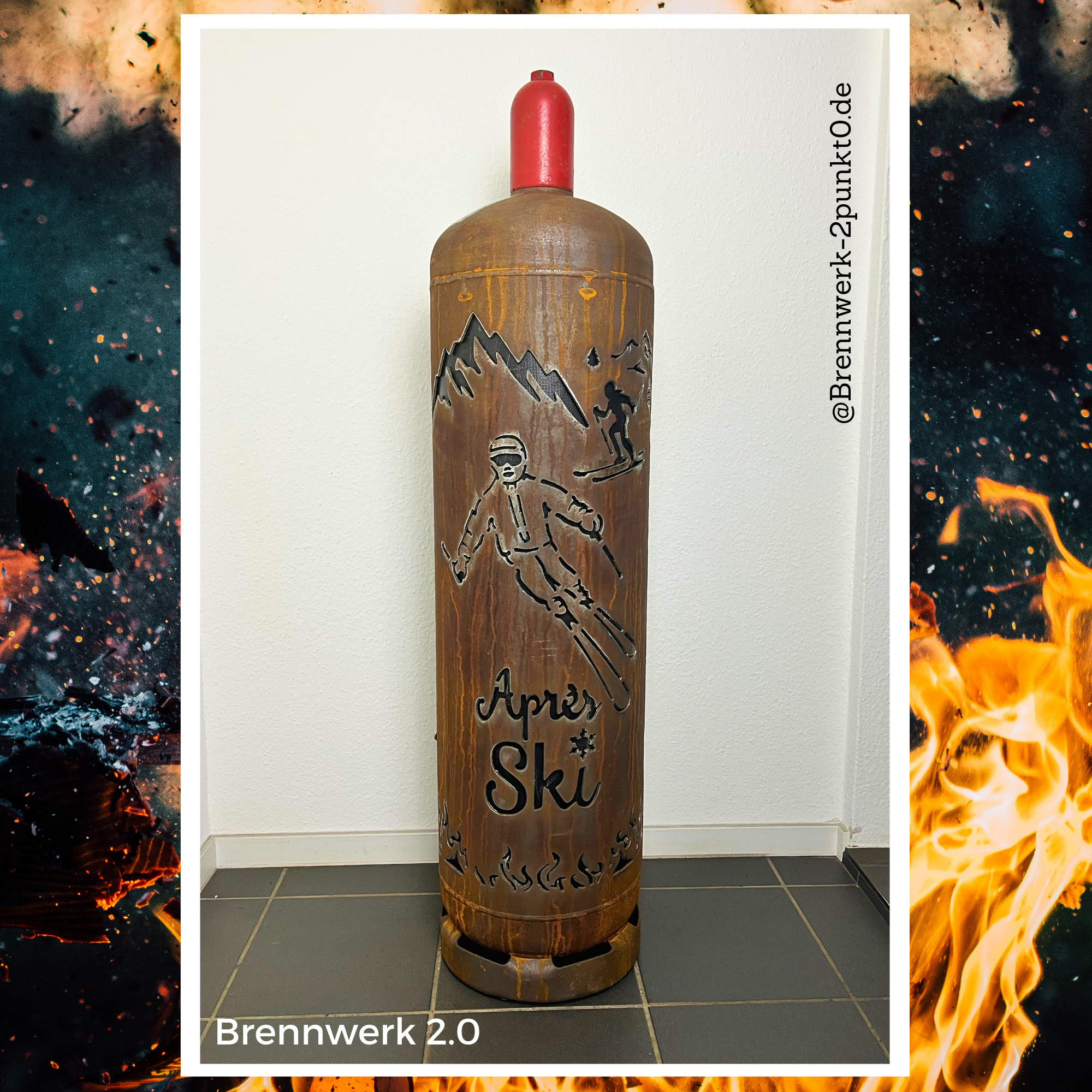 33kg Feuertonne – Skifahrer/ Aprés Ski mit Berg und Waldlandschaft