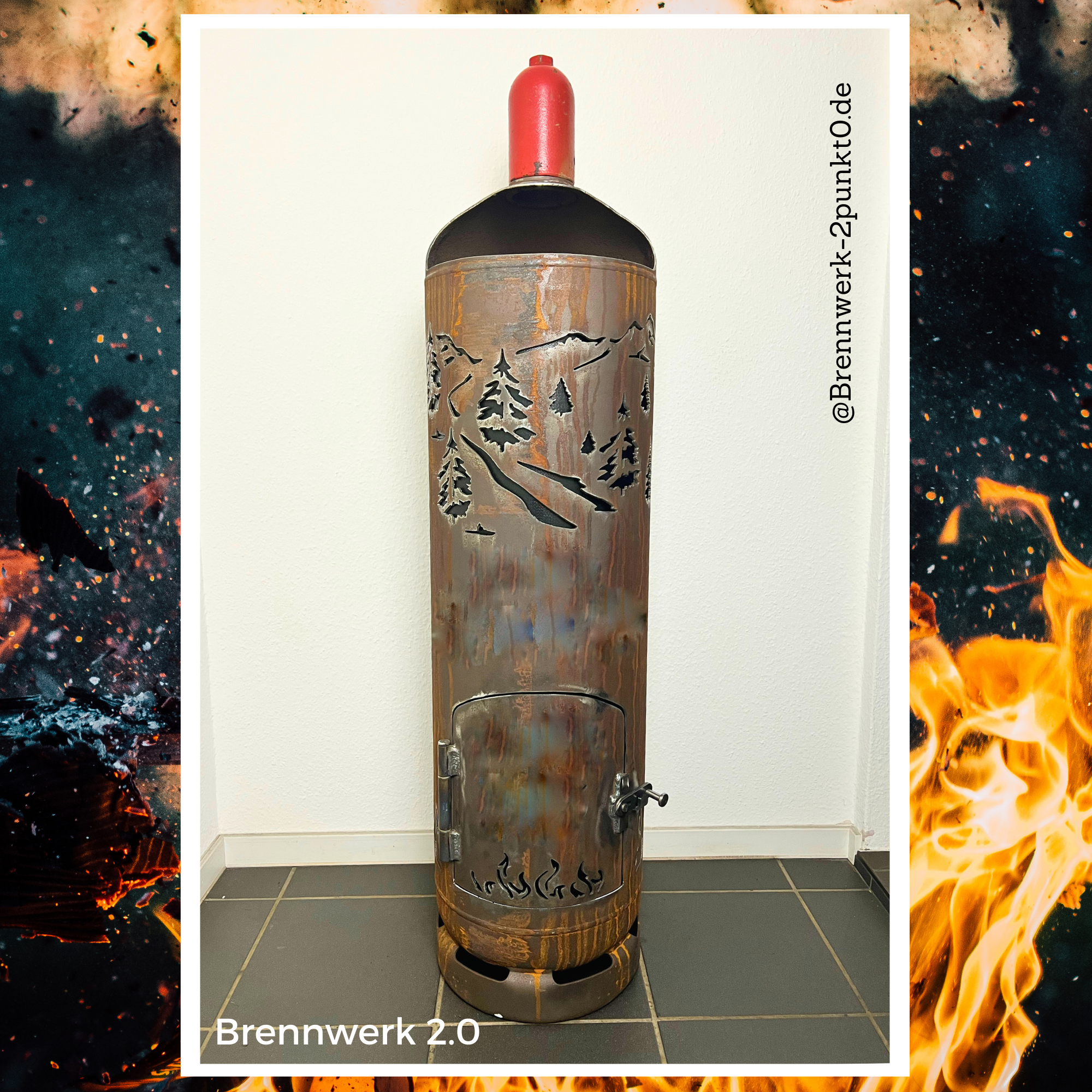 33kg Feuertonne – Skifahrer/ Aprés Ski mit Berg und Waldlandschaft