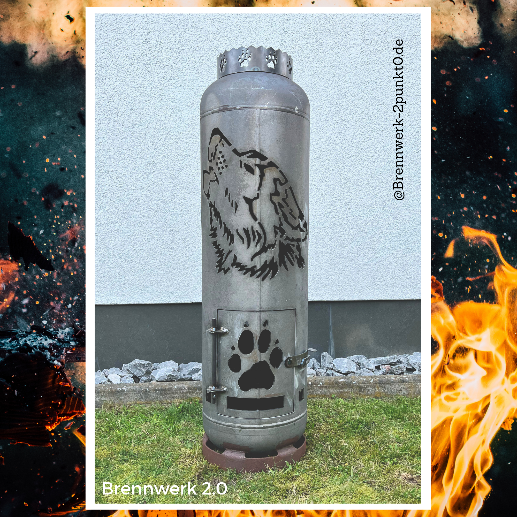 33kg Feuertonne – Wolf mit Wolfskopf heulend