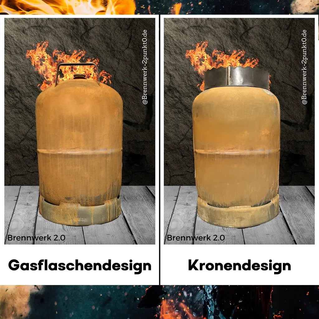 Feuertonne als Gasflaschendesign und als Kronendesign