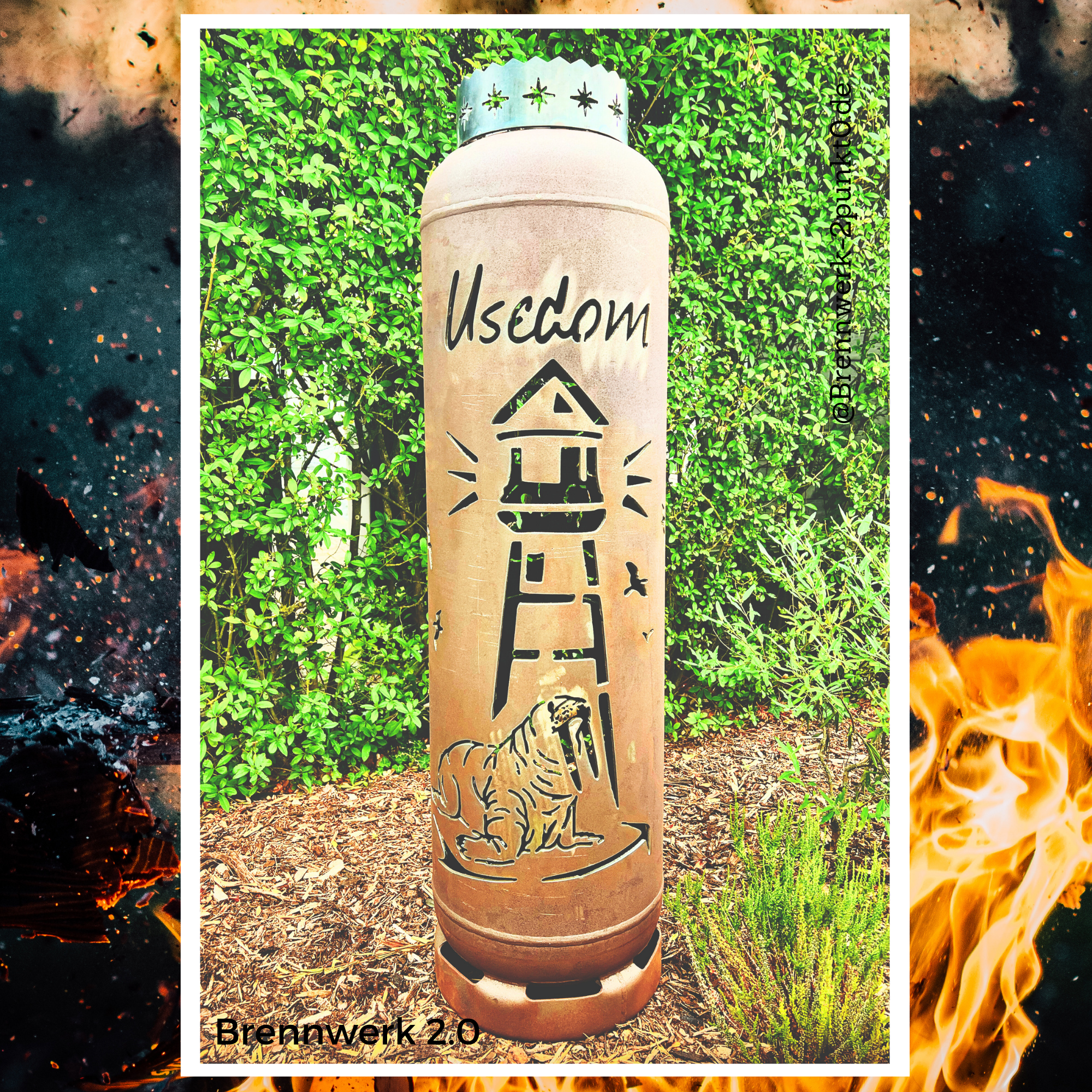 33kg Feuertonne – Leuchtturm mit Walross/Usedom & Karte mit Kompass